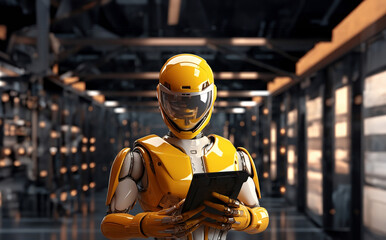 Futuristic robot Engineer in yellow hardhat holding tablet/ Engineer