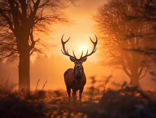 Majestic stag silhouette, antlers prominent against an amber sunset, gracefully navigating the woodland, showcasing autumn's wild beauty.