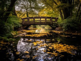Fototapeta na wymiar Wooden bridge over a leaf-strewn stream, flanked by trees forming a golden arch, suggesting an entrance to a magical realm.
