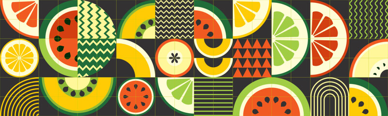 Geometric autumn fresh fruit poster with simple shapes. Scandinavian style. A minimalistic illustration of fruits on a black background.