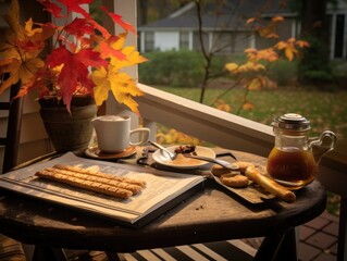 A harmonica lies on a porch swing, near autumn ballads and a tray of roasted chestnuts and warm...