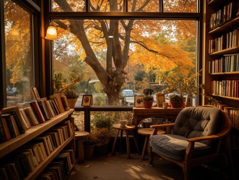 Cozy bookstore corner: patrons in sweaters sipping warm drinks, window showing trees in autumn hues.