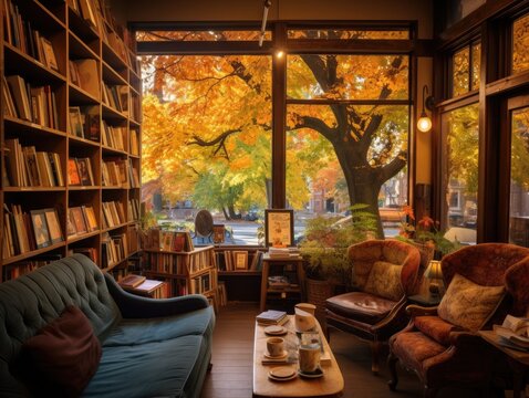 Cozy bookstore corner: patrons in sweaters sipping warm drinks, window showing trees in autumn hues.