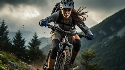 An active woman riding a sports bike on a mountain trail, in summer mountains, in the forest Female cyclist riding a bicycle on a mountain trail, in summer mountains, in the forest