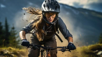Tuinposter An active woman riding a sports bike on a mountain trail, in summer mountains, in the forest Female cyclist riding a bicycle on a mountain trail, in summer mountains, in the forest © ND STOCK