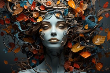Abstract art of woman with leaves in hair. Beautiful illustration picture. Generative AI