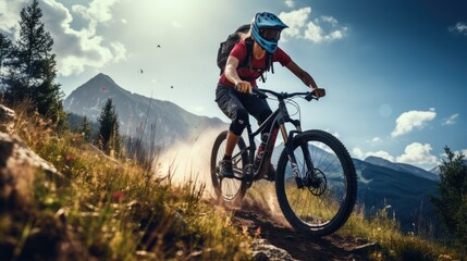 Naklejka premium An active woman riding a sports bike on a mountain trail, in summer mountains, in the forest Female cyclist riding a bicycle on a mountain trail, in summer mountains, in the forest
