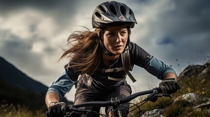 An active woman riding a sports bike on a mountain trail, in summer mountains, in the forest Female cyclist riding a bicycle on a mountain trail, in summer mountains, in the forest
