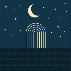 Moon over the ocean scene. Night at the seaside landscape. Bauhaus art style. Mid century desoration. Minimal wall art. 60s, 70s abstract geometric shapes. Stars and moolight. Vector illustration. 