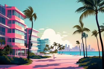 Obraz premium Pink colored city with palms. Beautiful illustration picture. Generative AI