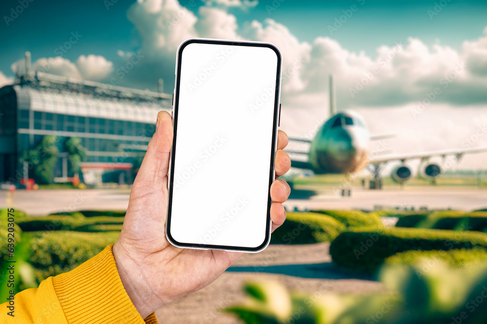 Aufkleber man holds a mock-up of a smartphone with a white screen in her hand against the background of an air