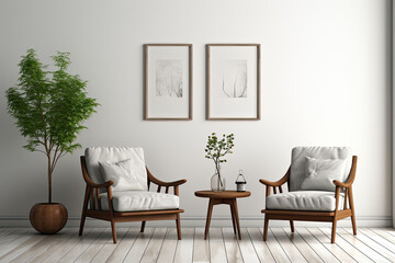 Fototapeta na wymiar Interior design of a modern living room. White armchairs, frames on a gray wall. Generative AI