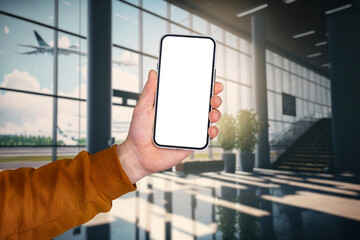 Man holds a mock-up of a smartphone with a white screen in her hand against the background of an airport with an airplane.