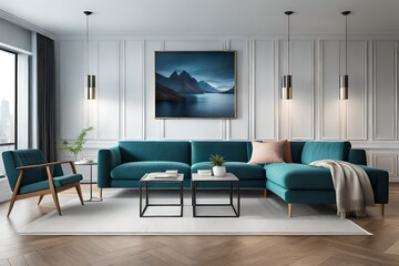 Naklejka na ściany i meble Horizontal picture frame mock up in modern living room interior