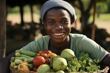 African boy selling fruits on a market. Generated with AI.

