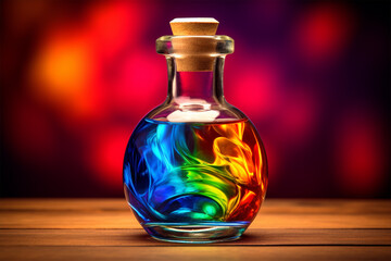 View of a bottle filled with colorful liquids