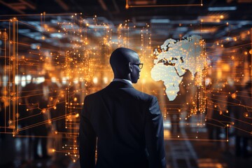 African businessman in front of the world map. The future of the African continent. Generated with AI.

