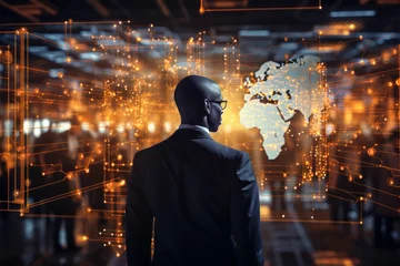 Keuken spatwand met foto African businessman in front of the world map. The future of the African continent. Generated with AI.  © Xavier Allard
