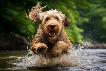 Dog is running on the river. Beautiful illustration picture. Generative AI