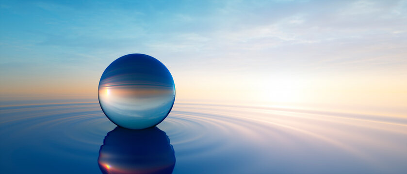 Glass sphere in calm ocean with evening sun with horizon - tranquil scenery