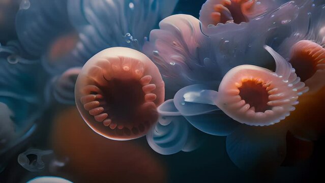 macro photograph of a microscopic amoeboid cell a clear globular singlecelled organism. Its membranous surface consists of soft jellied ridges through