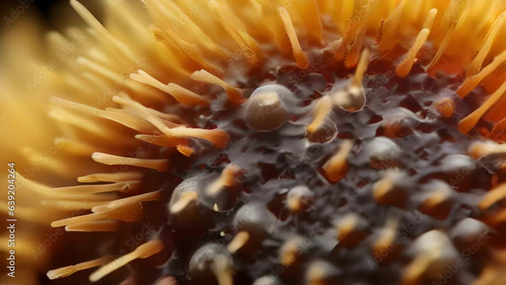 Poster a macro shot of a microscopic pollen grain reveals a complex structure composed of tiny spiked protr