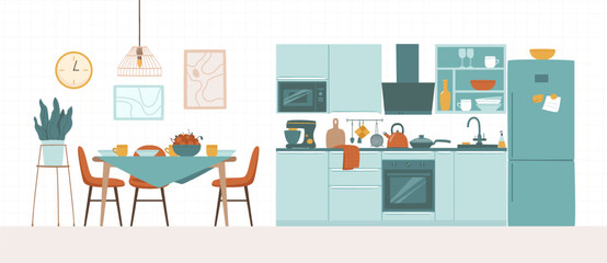 Kitchen and dining room with furniture, utensils and household appliances. Table, chairs, racks, flowers, dishes, refrigerator, microwave. Flat vector illustration.