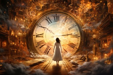 Time travel concept, big clock. Beautiful illustration picture. Generative AI