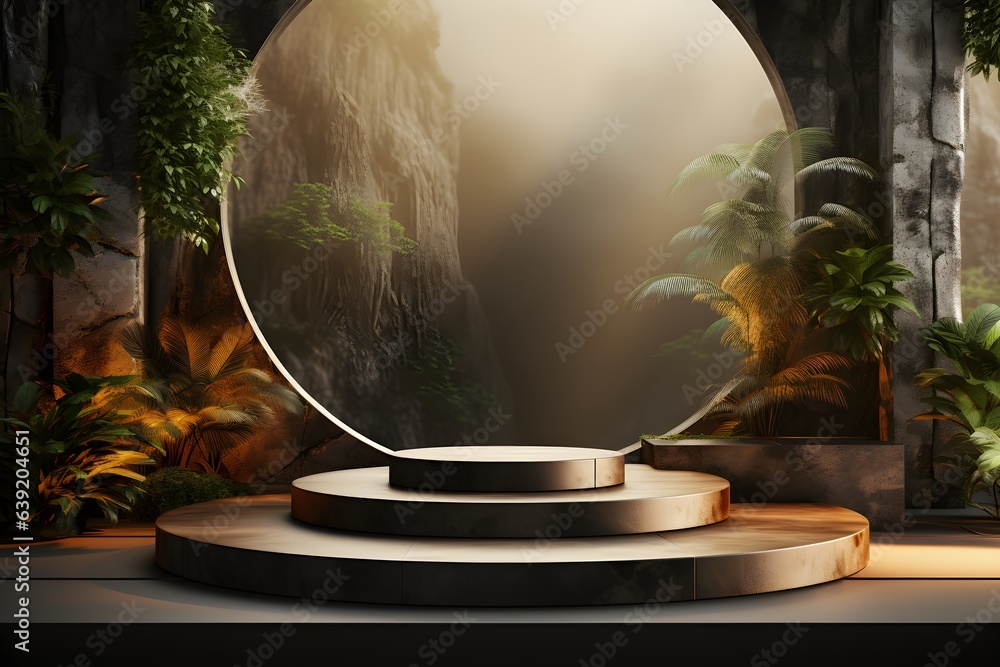 Poster 3d realistic podium for product shooting with a lot of space to put a product with abstract scene co