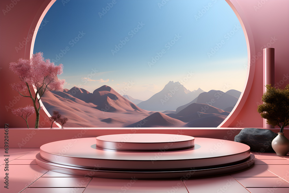 Poster 3d realistic podium for product shooting with a lot of space to put a product with abstract scene co