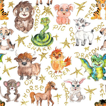 Watercolor Chinese Zodiac baby  animals vintage style seamless PATTERN
