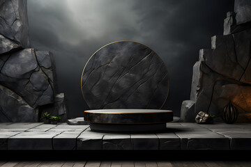 Futuristic dark room with stone floor, 3d render. AI Generative Illustration. Podium for product shoot.