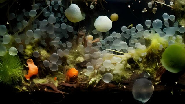 Macro microscope video of a microbe niche a complex rainforest habitat. The area is filled with a variety of microorganisms from bacterial colonies to singlecelled protozoa.