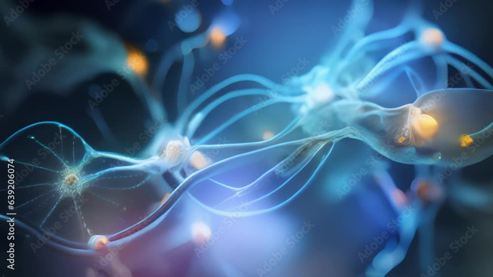 Poster a macro shot of a synapse with highly magnified detail of neurotransmitters such as glutamate and ga