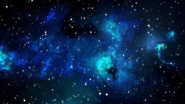 Blue glowing galaxies fly by, a flight to the far reaches of the universe. Space travel, scientific animated background. 4k footage