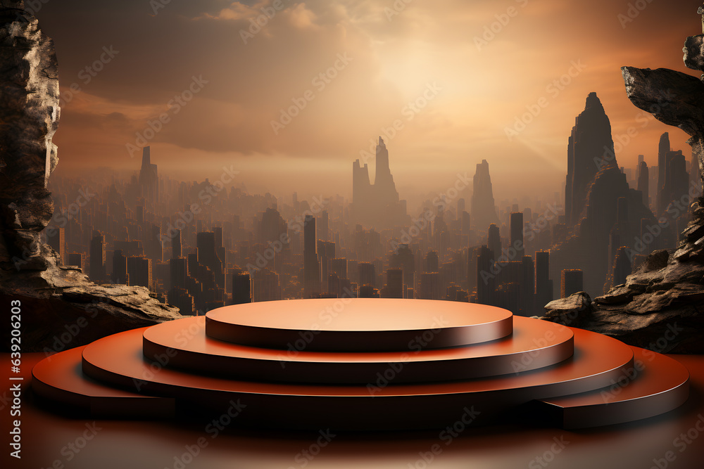 Poster 3d realistic podium for product shooting with a lot of space to put a product with abstract scene co