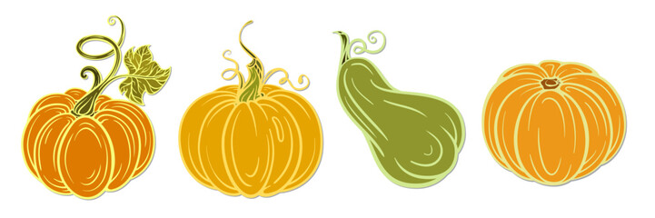 Colorful pumpkins for autumn holiday stickers set