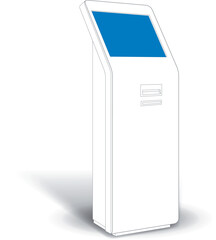 Mock-up kiosk issuing electronic queue coupons. For branding or demonstration of the interface. Vector in linear style