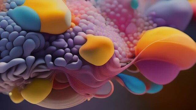 macro microscope video captures the intricate details of a microbe habitat. At the center of the microscope video there is an array of colorful abstract shapes and structures which