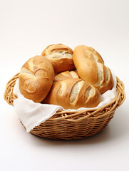 bread in basket with clean background. bread in wicker basket on background.