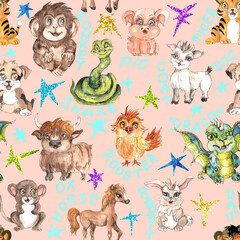 Watercolor Chinese Zodiac baby  animals vintage style seamless PATTERN
