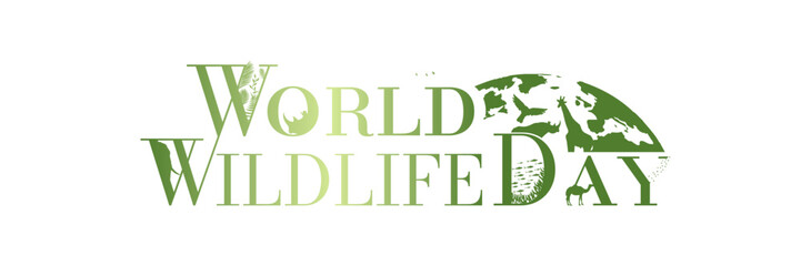 World Wildlife Day Typography with animal silhouettes and map of Earth.  World Wildlife Day Symbol. Vector Illustration. 