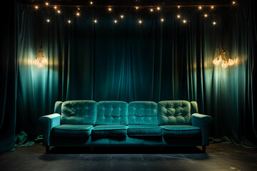 Greenish Blue sofa in front of an elegant greenish blue curtain with starry lights in the ceiling. Generative AI 