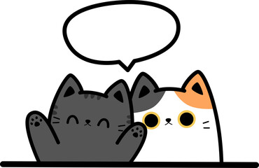Two cats greeting with blank speech bubble flat style cartoon doodle element