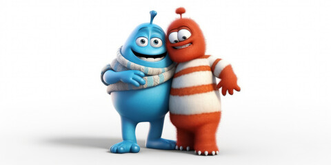 Friendly cartoon monsters hugging. Best friends, love, joy and happiness. Spending time with loved ones. Friends for life. Wholesome BFF. Avoid isolation, engaging with society. Kids party invite.