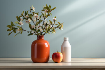A minimalist, clean, and decorative still life image with bottles and vase. Generative AI