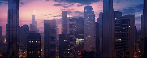 City elegance. Captivating urban skyscrapers paint evening skyline for background. Enchanting cityscapes. Exploring splendor amid. Modern marvels. Night journey