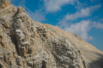 View of a big pinnacle on the famous massif of Gran Sasso, the highest mountain of the Italian apennine, Abruzzo region