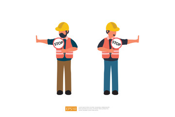 Construction Builder Worker helmet holding road stop sign. Vector Illustration of Construction Worker Character
