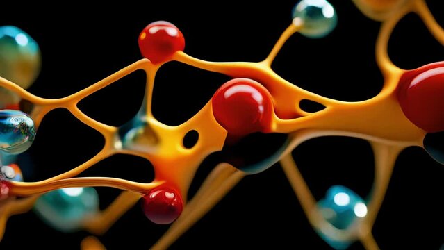 is a macro photo of a complex enzyme molecule. It the various atoms that make up the enzyme as well as the intricate bonds between them. At the center